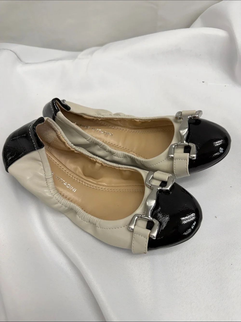 Adrienne Vittadini Black and Cream Two-Tone Ballet Flats with Silver Buckle